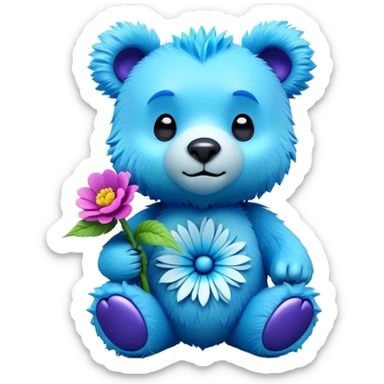 3D, adorable little Pixar style blue neon punk bear with a flower, ultra detailed, each lash, eye, and strand of fur is shown in stunning detail as though captured in a timeless photograph, rich textures, visually rich, so lifelike it feels like it could leap off the page at any moment sticker