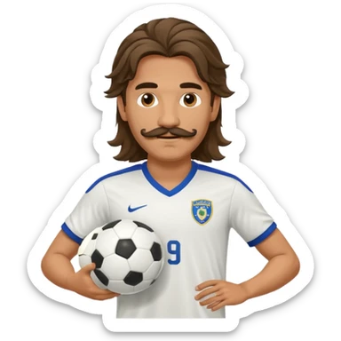 long haired man soccer player with mustache holding soccer ball sticker