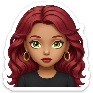 a pretty fair bratz girl with wavy dark red hair, wearing a black tee. eyeliner on, olive green eyes. Till Waist \ sticker
