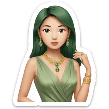 Aesthetic rich Asian woman in sage green Versace dress and Cartier jewelleries, 3/4 view sticker