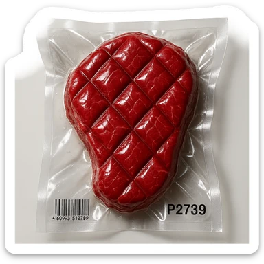 meat steak with diamond texture, shiny and inflated, vacuum-sealed style sticker