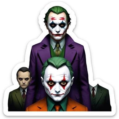 Icon for Thriller Movies: A dramatic close-up collage with iconic characters like Joker and Hannibal Lecter. Set against a dark, moody cityscape with shadows and ominous lighting. A suspenseful atmosphere with eerie tones. Transparent background. sticker