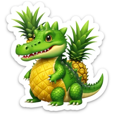 A cute crocodile with a pineapple body, the crocodile head is green with teeth and the body is a yellow pineapple with spiky texture sticker