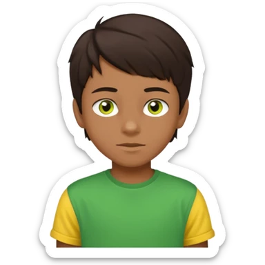A portrait of a 14-year-old boy, he's got dark-brown hair, brownish skin and green hazel eyes. he's wearing a t-sirt with yellow sleeves. sticker