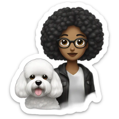 mujer pelo largo negro con gafas y perro bichon blanco sticker