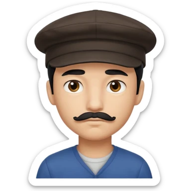 Gere um menino de cabelos preto e boné pro lado com feição séria e bigode fino sticker