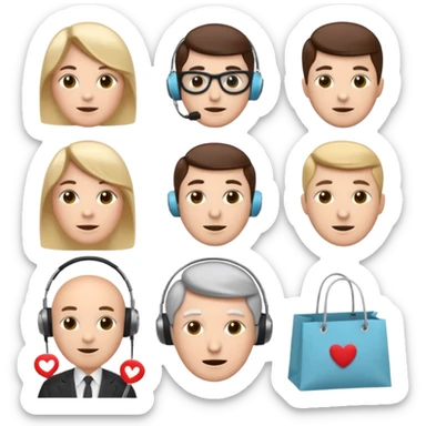 6 icons in a 2×3 grid, soft 3D emoji style, pastel colors, equal spacing, white background:
1) speech bubble
2) theatre masks
3) dynamic stopwatch
4) house + coffee + shopping bag
5) English gentleman
6) female support agent with headset
 sticker