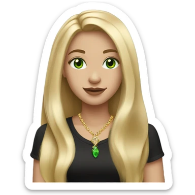 pretty long blonde girl slanted green eyes gold jewlery light skin black shirt sticker