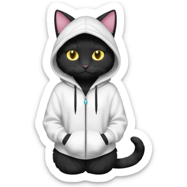 Black cat wearing a white hoodie fursona (full body) sticker