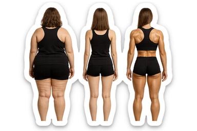 fai una donna di spalle in gym shorts leggermente sovrappeso e con cellulite e accanto una seconda donna di spalle magra (che è dimagrita post dieta) e accanto una terza donna in forma allenata e con le giuste proporzioni, l'immagine deve rappresentare il processo: da donna grassa, a donna piatta e magra, a donna allenata e in forma con i giusti muscoli, iperrealistico 4k sticker