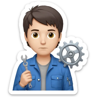 Calm and independent male technician, fair skin, short tousled dark brown hair, cool gray eyes, serious but composed expression, wearing a blue work jacket over a grey t-shirt, holding a wrench in one hand and a mechanical gear in the other, waist-up, front-facing sticker