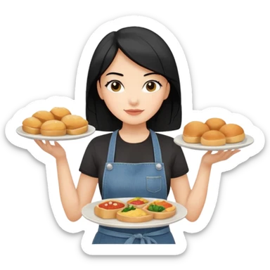 waitress with black hair and a food plate with a black tshirt and ª jeans apron. with a bigger plate and the plate with a tapa sticker