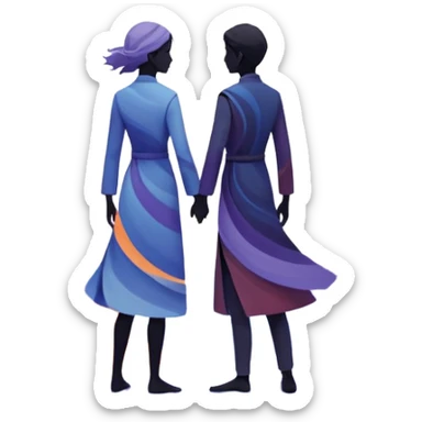 Center composition: Two silhouetted figures standing back-to-back or side-by-side in a circle of calm (soft blues, lavenders, white light)
Around them: Swirling storm energy—abstract shapes, wind lines, chaotic movement in reds, oranges, and dark grays sticker