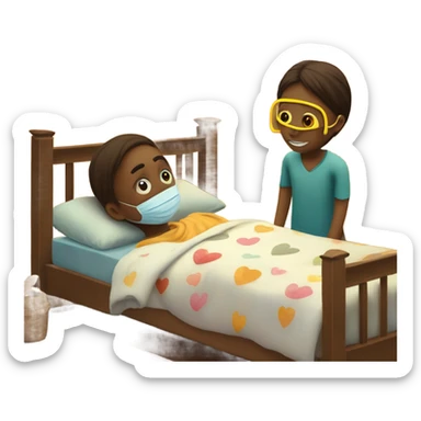 Two children, sick, each in their own bed, wearing masks, one Boy, one girl,, at home, get well soon sign with yellow heart sticker