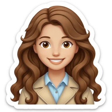 Girl with long brown wavy hair, beige skin, with smile and aesthetic clothes sticker