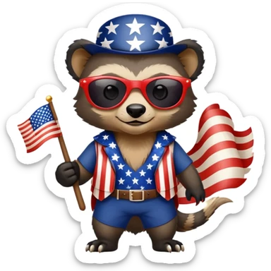 friendly anthropomorphised honey badger in patriotic USA Independence Day outfit with stars and stripes, wearing sunglasses sticker