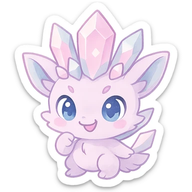 Make the chibi kawaii crystal sprite creature lighter in color using pastel purple, blue, and pink. Keep the mischievous and adorable expression. Remove the background. The style should remain consistent with the original chibi kawaii crystal sprite creature. sticker
