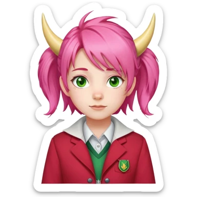 Anya Forger from Spy x Family, cute little girl with pink hair styled with two horn-like tufts, green eyes, cheerful expression, wearing Eden Academy school uniform with red jacket sticker