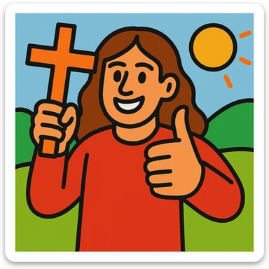 Make the person a boy with long brown hair, holding a cross and giving a thumbs up, in a vibrant cartoon style. sticker