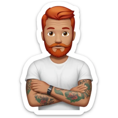 a guy with red beard red hair slick back white tshirt and tattoos oldschool on his arms sticker