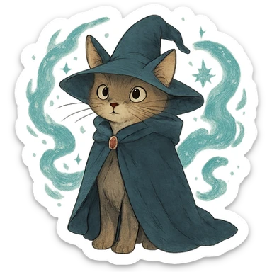 ghibli style wizard cat with a cloak and magical aura sticker