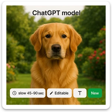 Move the 'ChatGPT model' title to the top and the other tags ('Speed icon: slow 45-90 secs', 'Editable', 'Text generation', 'New') to the bottom. Use a golden retriever in a garden as the background, seamless website style. sticker