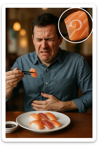 a man sits at a restaurant table, eating a plate of raw fish (such as sushi or sashimi). In a magnified inset, an Anisakis larva is visible inside a piece of fish. The man’s expression changes from enjoyment to sudden discomfort, holding his stomach with a pained look. The background is softly blurred, focusing on the man and the food. in italiano sticker