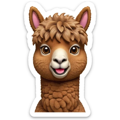 Cinematic Comical Brown Alpaca Portrait Emoji, Head tilted dramatically with an exaggeratedly amused expression, featuring a striking, plush brown fleece with playful texture, wide, expressive warm eyes filled with playful disbelief, Simplified yet hilariously expressive features, highly detailed, glowing with a slightly sassy glow, high shine, dramatic yet playful, stylized with an air of cheeky mischief, bright and endearing, soft glowing outline, capturing the essence of a spirited and over-the-top alpaca, so meme-worthy it feels like it could side-eye its way into internet fame instantly! sticker