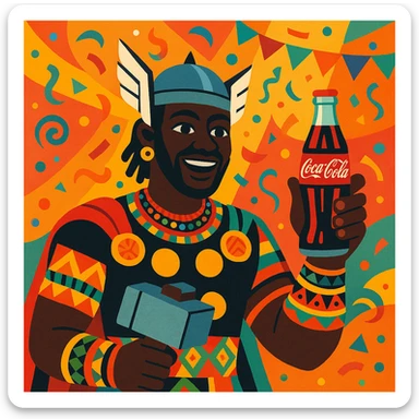 Thor, black face, traditional African clothing, holding a Coca Cola bottle, colorful background, vibrant, festive atmosphere sticker
