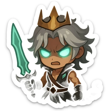 Make Viego more dramatic in chibi style, intensify his expression with glowing eyes, add swirling dark mist around him, and depict him in a more powerful pose. Keep no background (transparent). sticker