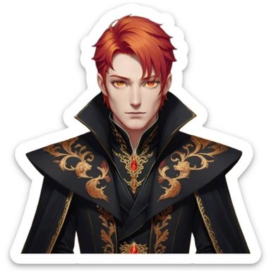 A tall and strikingly elegant High Fae male with fiery red hair, his golden eyes gleaming with cunning intelligence. He wears a luxurious black coat trimmed with copper embroidery, the fabric lined with fine gold stitching. His posture is relaxed yet calculated, his expression unreadable—except for the ghost of an arrogant smirk playing at his lips sticker