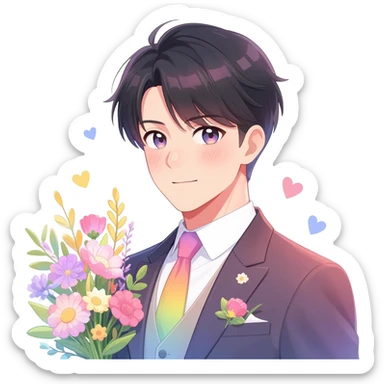Gorgeous romantic anime style Asian formal modern gentlemanly guy with flowers and blushing face aesthetic trending style outside with colorful gradient colors  pastelcore cottagecore kawaiicore sticker