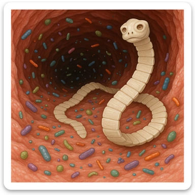 a medical illustration of a human realistic gut with bacteria and parasyte (tenia) sticker