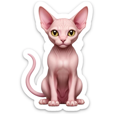 cinematic-[sphynx cat]-realistic-full-body-sitting-emoji,-tail-curled-playfully-around-its-paws,-head-tilted-dramatically,-sleek-[pink]-skin,-simplified-yet-realistic-focused-features,-highly-detailed,-glowing-with-an-almost-sarcastic-glow sticker