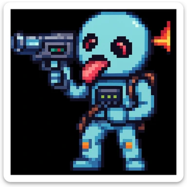 Make it pixel art style: Edit the emoji so it is putting the sci-fi blaster toward its tongue, keeping the pixel art style. sticker