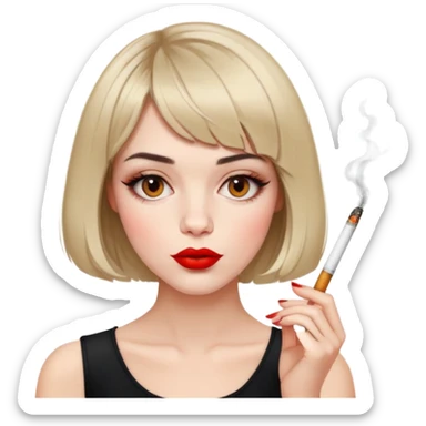 Alluring French girl french bob haircut tousled hair red lips and cigarette sticker