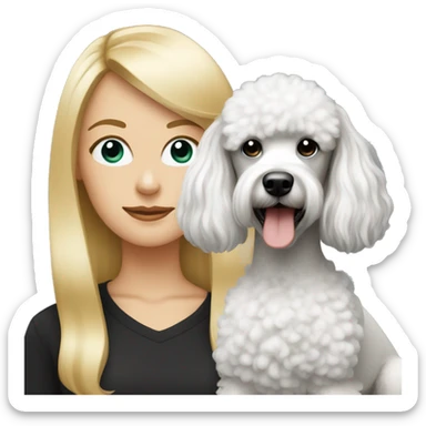 white woman with long blonde hair alongside a black & white colored poodle dog  sticker