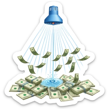 Sprinkler system shooting out streams of dollar bills, instead of water, clearly showing financial benefit sticker