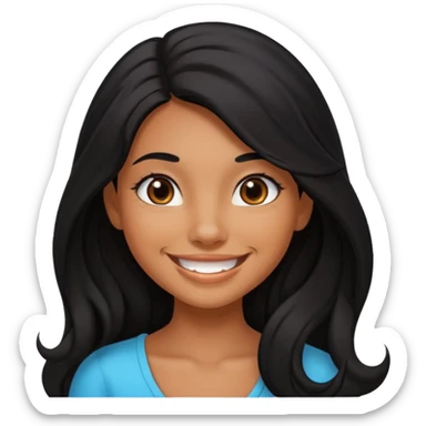 A tanned girl with long black hair, a dimple on her left cheek, and a big smile sticker