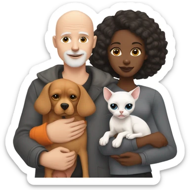 White bald man is holding a grey small sphinx cat and woman with dark straight hair is holding orange Pomeranian dog sticker