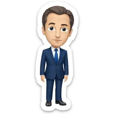 figure of Nicolas Sarkozy with an oversized head and small body, standing, wearing a navy suit and blue tie, highly recognizable face, simplified details sticker