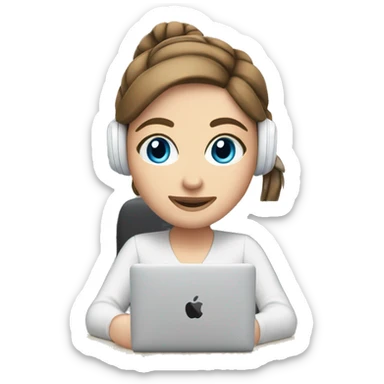 white girl at desk, brown hair, ponytail, blue eyes, computer, airpods sticker