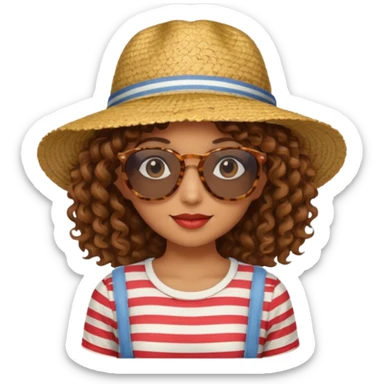 curly hair woman with striped clothing sun glasses and straw hat sticker