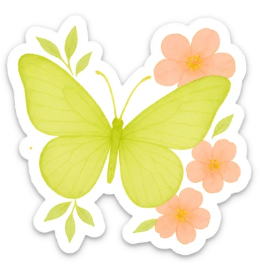 Create a one-to-one butterfly and flowers as in the example image. The butterfly is green (#c0ff53). The number and placement of flowers are the same as in the example, all flowers are neon pink. Add more sparkle, glow, and subtle gold details. Use watercolor art style with no background. sticker