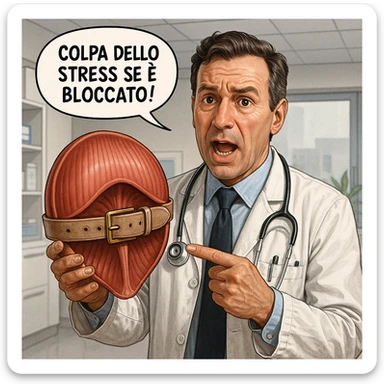 hyper realistic doctor holding a diaphragm locked by a tight belt, explaining expression, comic with the phrase 'Colpa dello stress se è bloccato!', realistic details, modern clinical environment sticker