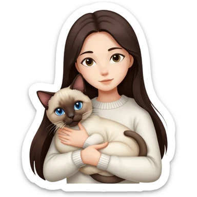 a girl with long dark brown hair, in a white sweater, hugs a Siamese cat. sticker