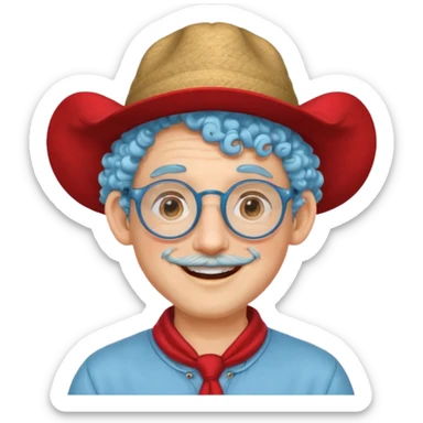 light blue haired man curly hair with big ears and red earrings and spectacles happy and hat wearing sticker