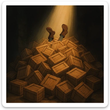 A pile of small oblong crates hidden in a dark area with a beam of light shining from above, with someone’s boots sticking out like they dove in sticker