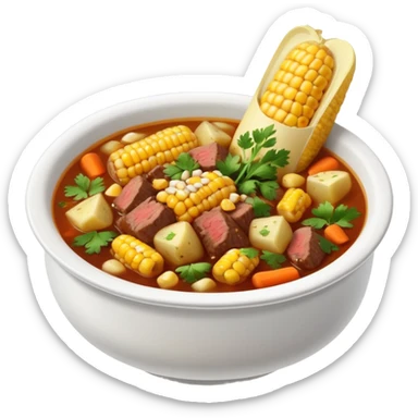 caldo de res, Mexican beef soup, bowl with beef, corn on the cob, carrots, potatoes, cilantro sticker