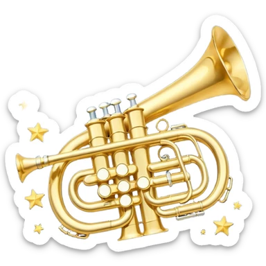 “Flat vector icon of a golden side-view trumpet with three valves, thick outline, on a deep navy blue rounded-square (or circle); 2–3 white or light-blue notes come out of the bell, surrounded by a soft light-yellow glow and a tiny golden star, plus a small speech bubble with the word ‘¡Azúcar!’.  sticker